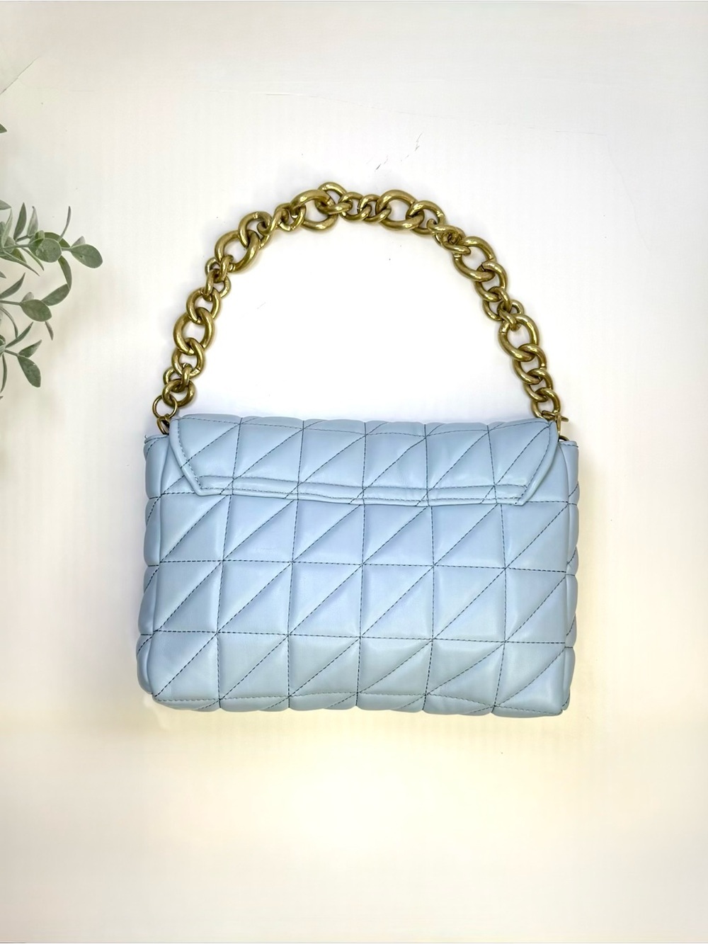 Zara Baby Blue & Gold Quilted Shoulder Bag Gold Chain Accent Strap - Picture 13 of 16